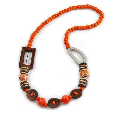 Avalaya Trendy Wood, Acrylic Bead Geometric Chunky Necklace (Orange/Brown) - 70cm L