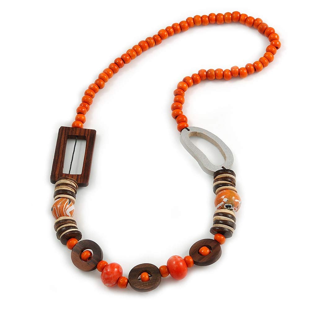 Avalaya Trendy Wood, Acrylic Bead Geometric Chunky Necklace (Orange/Brown) - 70cm L