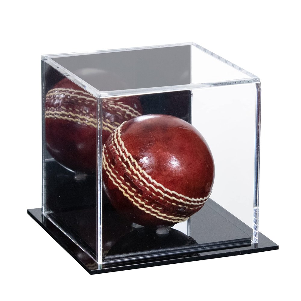 Better Display Cases Acrylic Cricket Ball Display Case with Mirror and Black Base 4" x 4" x 4" (B23/A057)