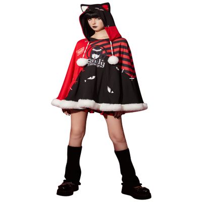 Emily the Strange Women's Cat Print Cloak Plush Hem Halloween Costume with Tail (Large)