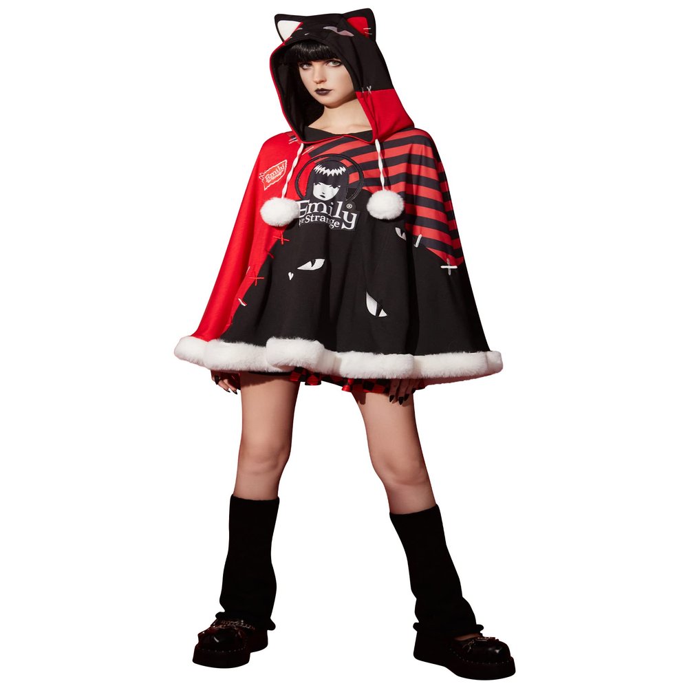Emily the Strange Women's Cat Print Cloak Plush Hem Halloween Costume with Tail (Large)
