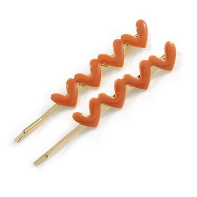 2 Gold Plated Coral Orange Enamel Heart Hair Grips/Slides - 65mm