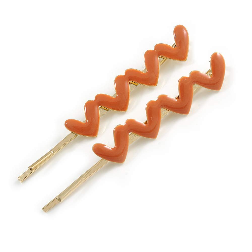 2 Gold Plated Coral Orange Enamel Heart Hair Grips/Slides - 65mm