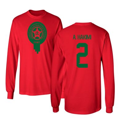 Morocco Soccer #2 Hakimi World Football Fans Adult Long Sleeve Tshirt (Red, 3X-Large)