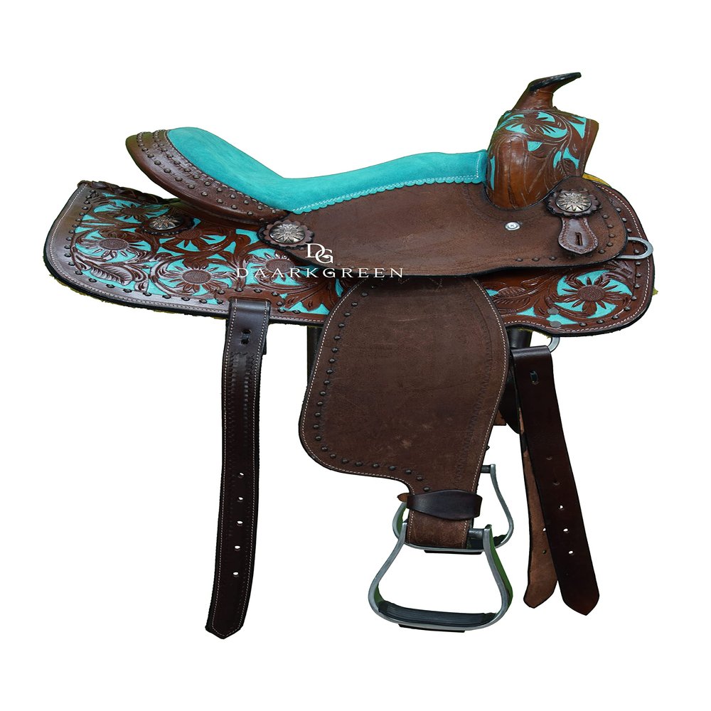 Daarkgreen Leather Western Barrel Racing Horse Saddle Teal and Tack Set Headstall Breast Collar and Reins Size 12-18 Inches (18")