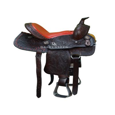 Daarkgreen Leather Western Barrel Racing Horse Saddle Red and Tack Set Headstall Breast Collar and Reins Size 12-18 Inches (14.5")