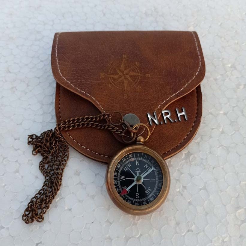 Brass Compass with Leather Case and Chain Locket Compass Navigation Compass Best Distributing Gift Graduation Gift Groomsmen Gift