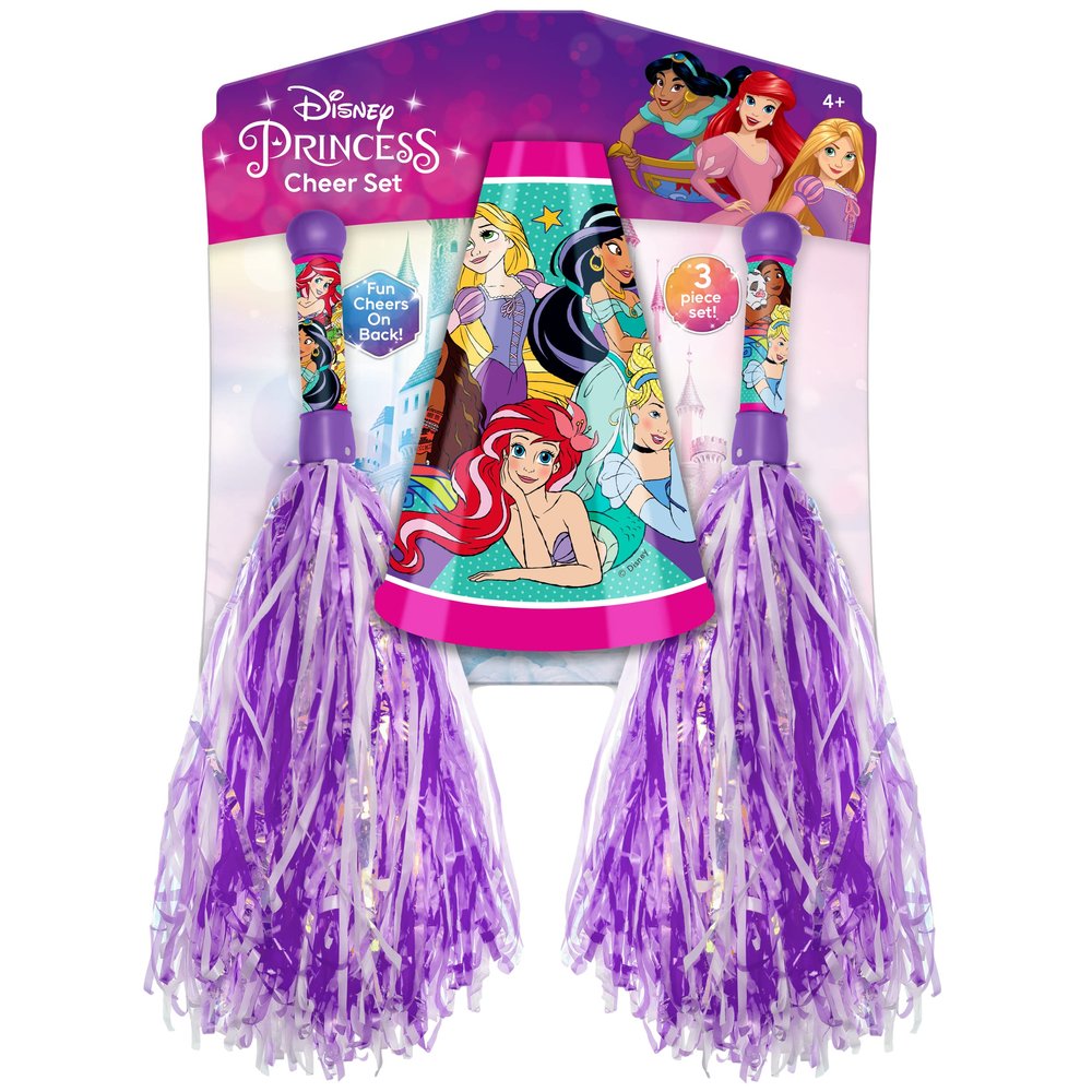 JA-RU Disney Princess Cheer Set - Cheerleading Pom Poms with Handle & Megaphone (1 Pack) Purple Pom Poms for Kids, Fun Accessories for Dance & Gymnastics, for Girls. B-7824-1