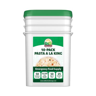 Valley Food Storage Pasta A La King | 10-Bag Bucket, 50 Servings | Non-GMO Premium Emergency Food Supply, 25 Year Shelf Life | Survival Meal Kits, Prepper Food & Off-Grid Living Supplies, Packaged in USA