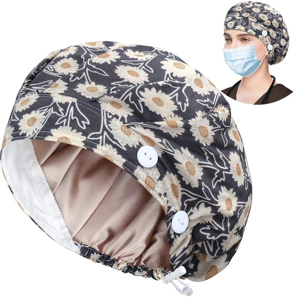 ABAMERICA Bouffant Caps with Button and Sweatband, Adjustable Scrub Caps for Women Men, Satin Layer