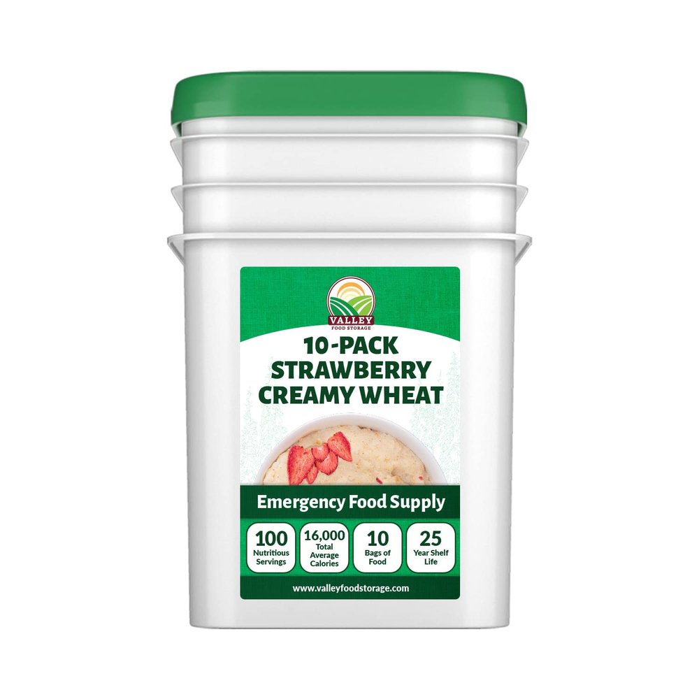 Valley Food Storage Freeze Dried Strawberry Creamy Wheat | 10-Bag Bucket, 100 Servings | Premium Emergency Food Supply, 25 Year Shelf Life | Survival Breakfast Food for Prepper Storage & Camping
