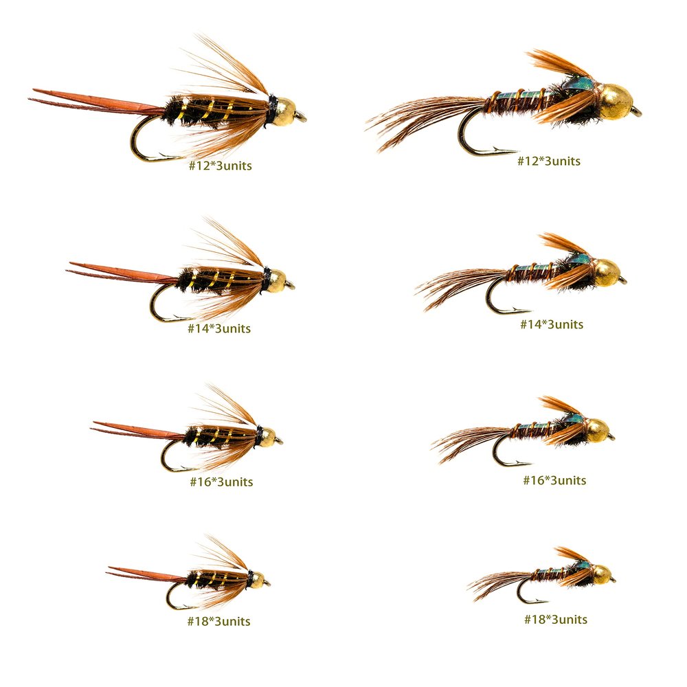 ROKC 24 Essential Trout Flashback Pheasant Tail and Prince Nymph Fly Fishing Flies Assortment | Wet, Nymphs Fly Lures | Size #12 - #18