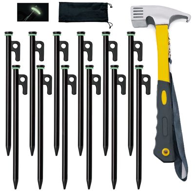 Tialero 8/12/16Pack Tent Stake with Hammer, 8/10/12/16in Heavy Duty Tent Stakes + 10in Camping Hammer+Storage Pouch, Forged Steel Stakes Used on Rocks (12 Pack 10in Tent Stakes+Hammer)