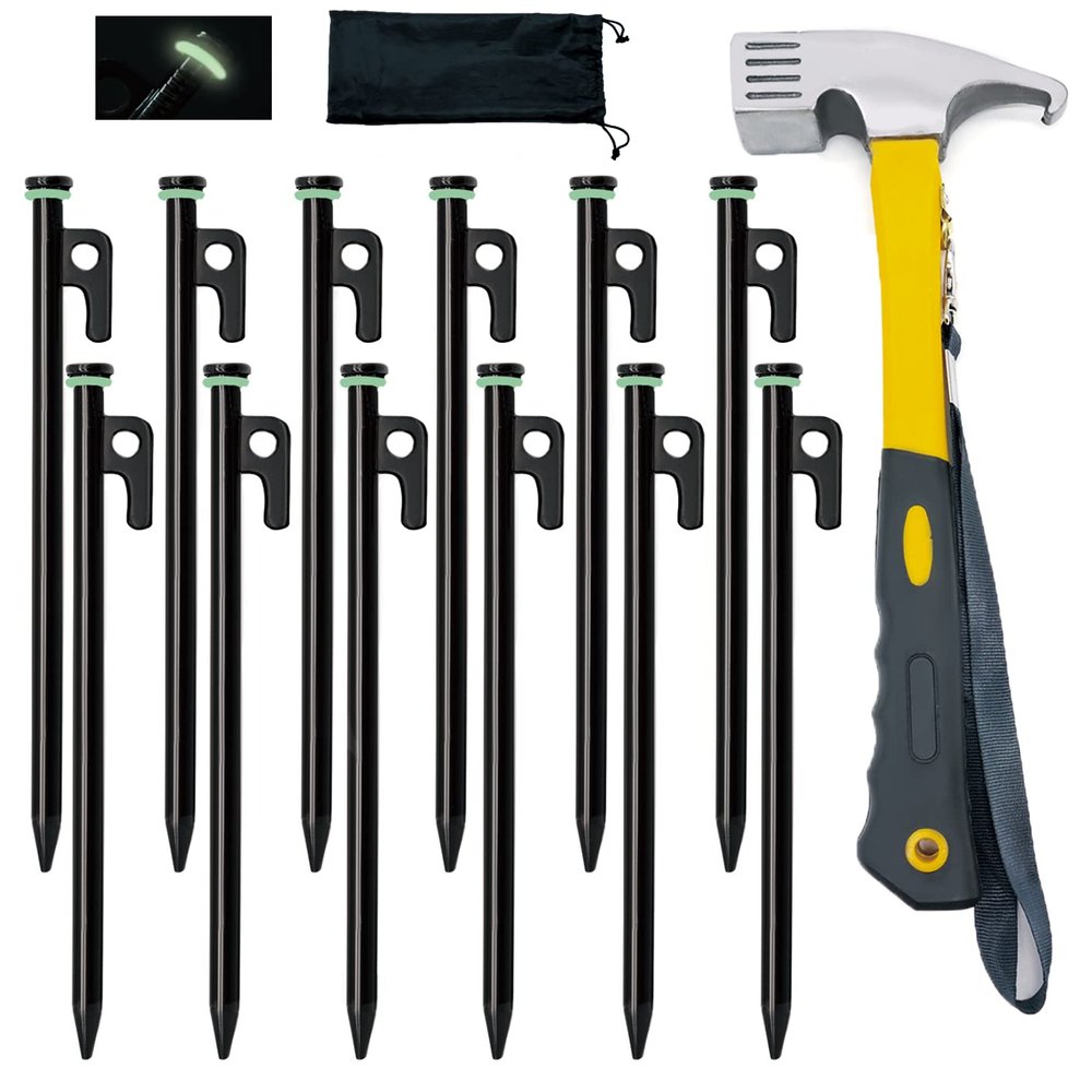 Tialero 8/12/16Pack Tent Stake with Hammer, 8/10/12/16in Heavy Duty Tent Stakes + 10in Camping Hammer+Storage Pouch, Forged Steel Stakes Used on Rocks (12 Pack 10in Tent Stakes+Hammer)