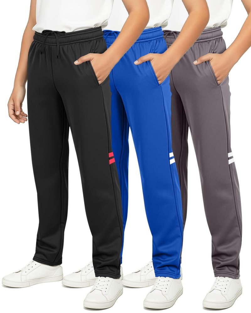 Real Essentials 3 Pack: Boys' Tricot Open Bottom Sweatpants - Athletic Running Pants with Pockets for Kids Teens Youth- Set 10,M (10-12)