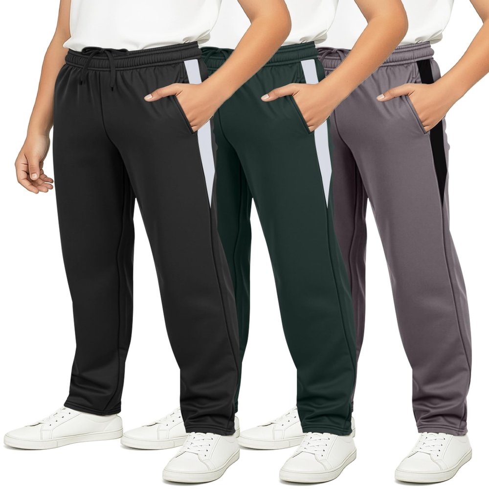 Real Essentials 3 Pack: Boys' Tricot Open Bottom Sweatpants - Athletic Running Pants with Pockets for Kids Teens Youth- Set 11,L (14-16)