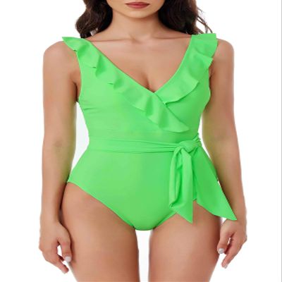 BCA by Rebecca Virtue Kelly Ruffle - Women's One Piece Swimsuit with V-Neck, Waist Tie and Adjustable Back Strap, Bathing Suits for Women, Sea Foam, X-Large