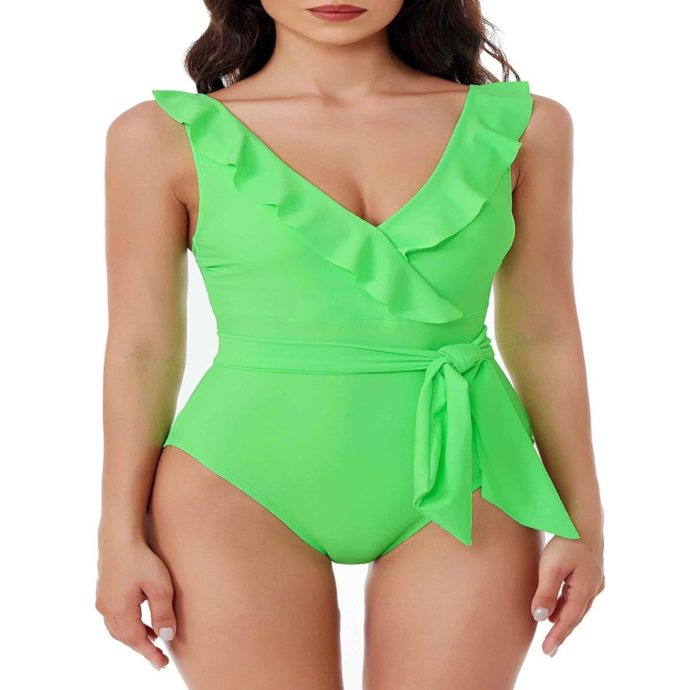 BCA by Rebecca Virtue Kelly Ruffle - Women's One Piece Swimsuit with V-Neck, Waist Tie and Adjustable Back Strap, Bathing Suits for Women, Sea Foam, X-Large