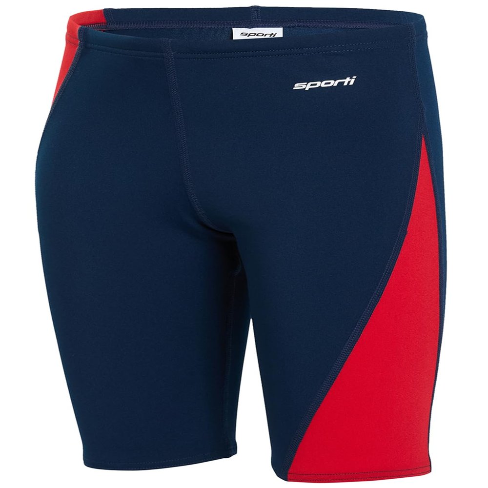 Sporti Boys Swim Jammer Swimsuit  HydroLast Splice Athletic Swimming Shorts, Chlorine-Resistant 4-Way Stretch, UPF 50+, Drawstring, Youth Competitive Team Suit - Navy/Red - 26