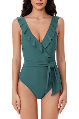 BCA by Rebecca Virtue Kelly Ruffle - Women's One Piece Swimsuit with V-Neck, Waist Tie and Adjustable Back Strap, Bathing Suits for Women, Fern, XX-Large