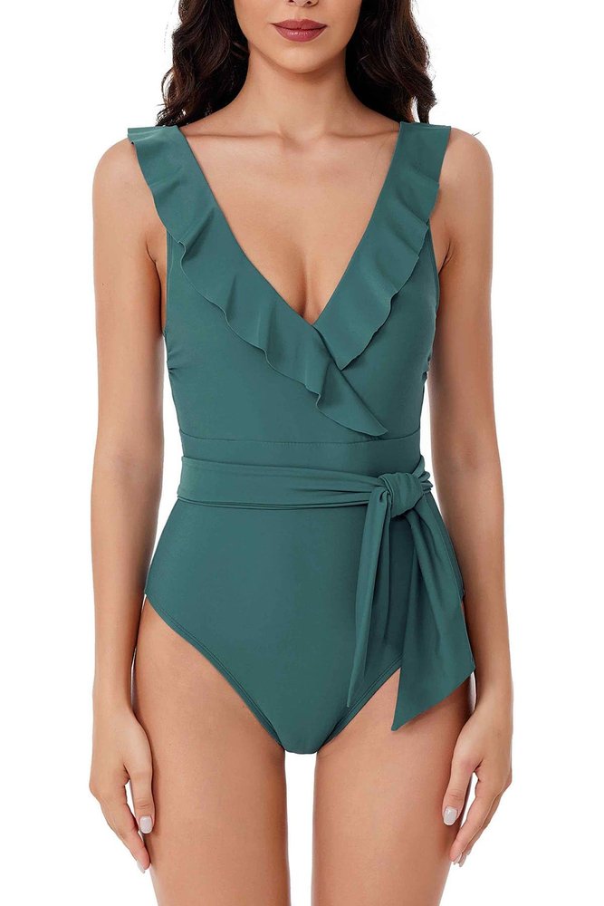 BCA by Rebecca Virtue Kelly Ruffle - Women's One Piece Swimsuit with V-Neck, Waist Tie and Adjustable Back Strap, Bathing Suits for Women, Fern, XX-Large
