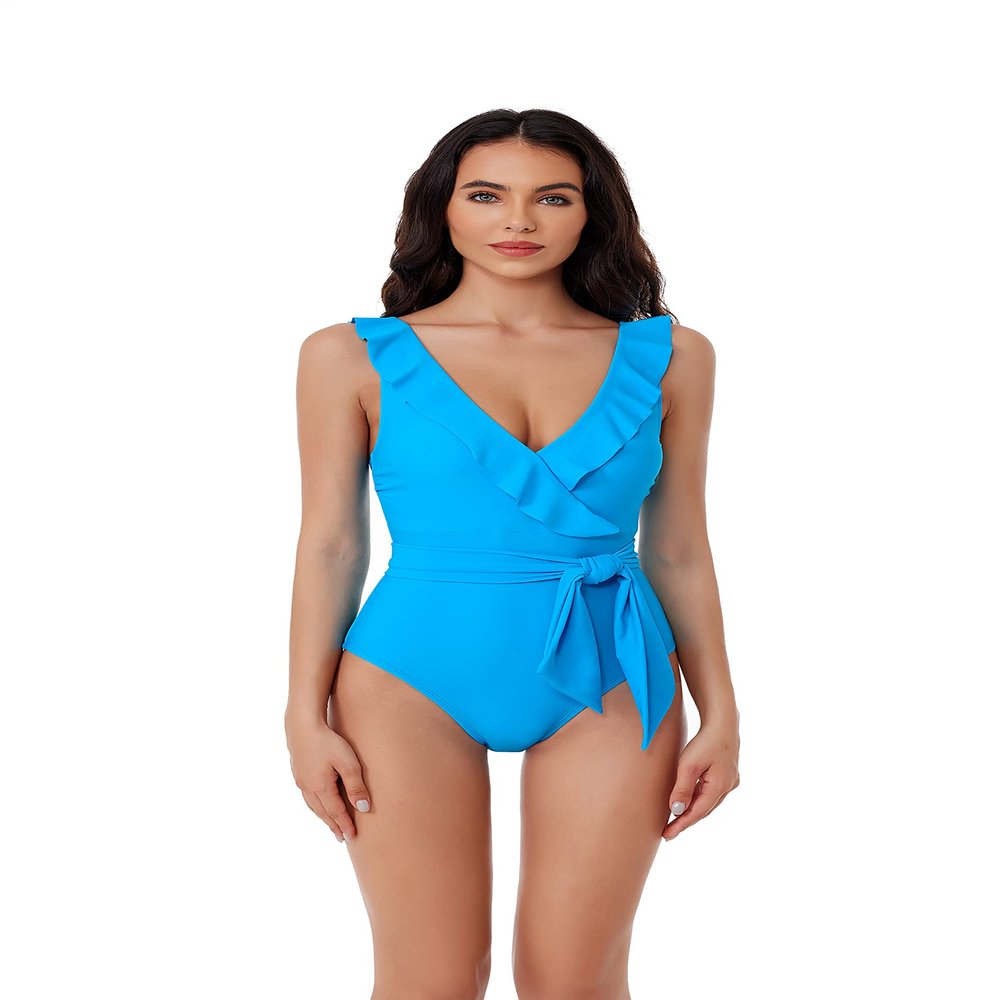 BCA by Rebecca Virtue Kelly Ruffle - Women's One Piece Swimsuit with V-Neck, Waist Tie and Adjustable Back Strap, Bathing Suits for Women, Turquoise, Medium