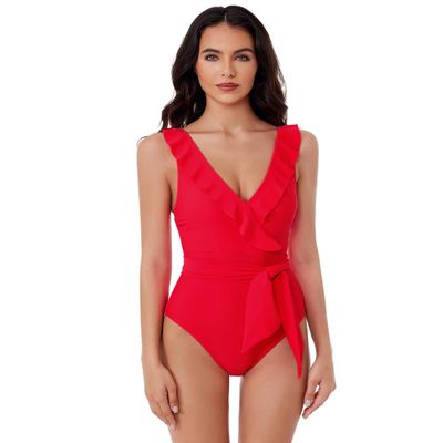 BCA by Rebecca Virtue Kelly Ruffle - Women's One Piece Swimsuit with V-Neck, Waist Tie and Adjustable Back Strap, Bathing Suits for Women, Festival, Medium