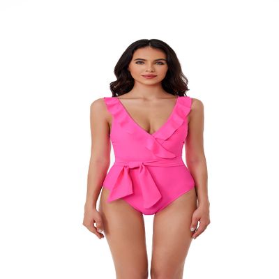 BCA by Rebecca Virtue Kelly Ruffle - Women's One Piece Swimsuit with V-Neck, Waist Tie and Adjustable Back Strap, Bathing Suits for Women, Hot Pink, X-Small