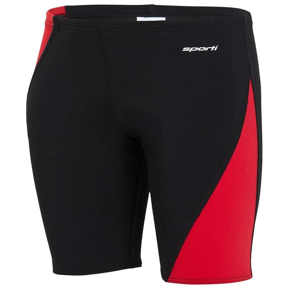 Sporti Boys Swim Jammer Swimsuit  HydroLast Splice Athletic Swimming Shorts, Chlorine-Resistant 4-Way Stretch, UPF 50+, Drawstring, Youth Competitive Team Suit - Black/Red - 26