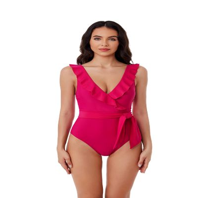 BCA by Rebecca Virtue Kelly Ruffle - Women's One Piece Swimsuit with V-Neck, Waist Tie and Adjustable Back Strap, Bathing Suits for Women, Fuchsia, X-Large