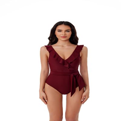 BCA by Rebecca Virtue Kelly Ruffle - Women's One Piece Swimsuit with V-Neck, Waist Tie and Adjustable Back Strap, Bathing Suits for Women, Wine, Medium