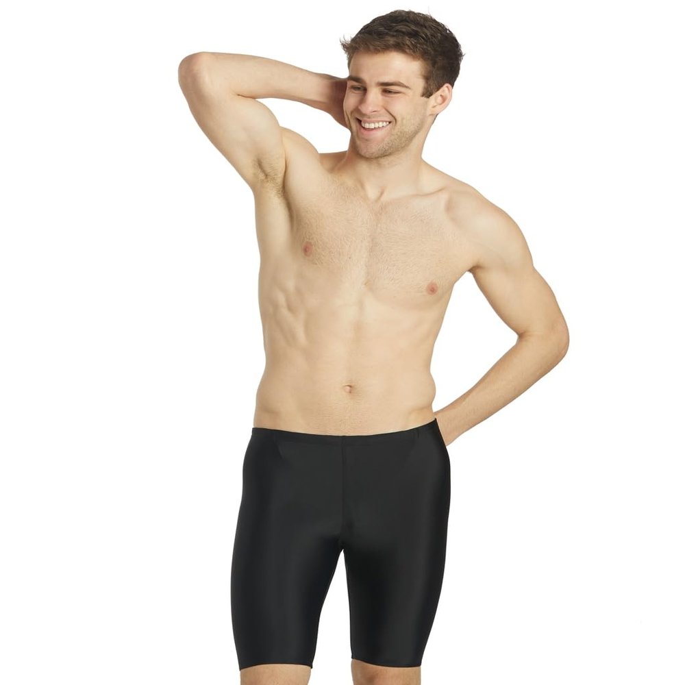 iSwim Men's & Boy's Swimsuit Jammer Swimsuit, UPF 50+ Sun Protection, Durable Polyester Spandex, Adjustable Drawstring Waist, Ideal for Competitive Swimming, Essential Solid - Black - 36