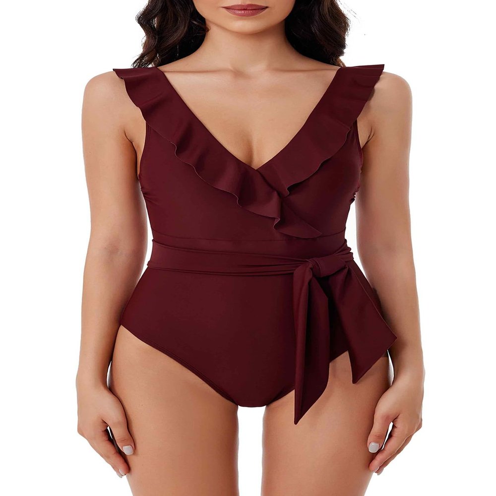 BCA by Rebecca Virtue Kelly Ruffle - Women's One Piece Swimsuit with V-Neck, Waist Tie and Adjustable Back Strap, Bathing Suits for Women, Wine, XX-Large