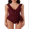 BCA by Rebecca Virtue Kelly Ruffle - Women's One Piece Swimsuit with V-Neck, Waist Tie and Adjustable Back Strap, Bathing Suits for Women, Wine, XX-Large view 1