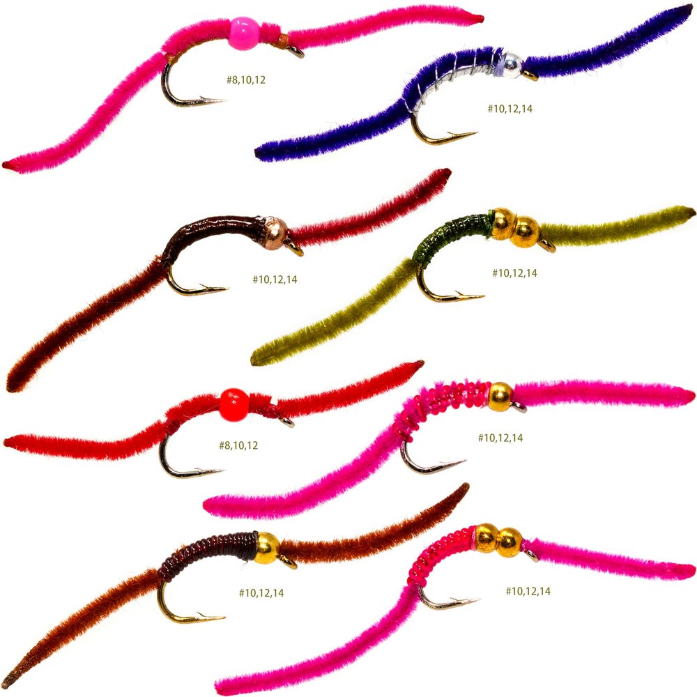 24 Bead Head San Juan Worm Wet Nymph Trout Fly Fishing Flies Assortment | Fly Size: #8, #10, #12, #14