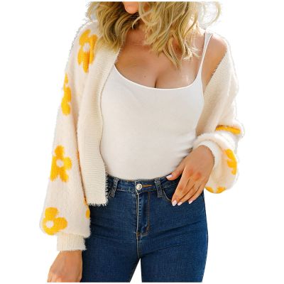XUNRYAN Womens Flower Long Sleeve Open Front Short Cardigan Casual Loose V Neck Knit Cardigan Sweaters Fuzzy Jacket Outwear