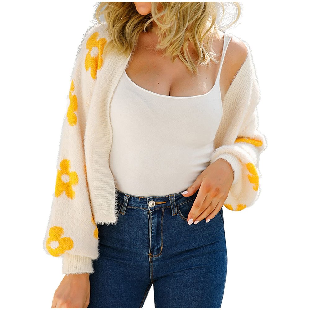 XUNRYAN Womens Flower Long Sleeve Open Front Short Cardigan Casual Loose V Neck Knit Cardigan Sweaters Fuzzy Jacket Outwear
