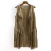 Womens Vintage Western Fringe Vest Tops Classic Suede Leather 70s Cowboy Shirt Sleeveless Tassels Cardigan Jackets Beige view 2