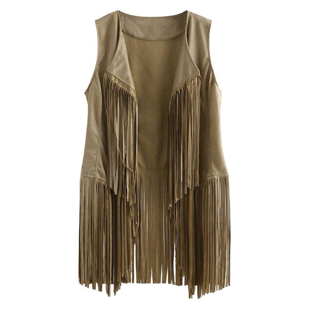 Womens Vintage Western Fringe Vest Tops Classic Suede Leather 70s Cowboy Shirt Sleeveless Tassels Cardigan Jackets Beige