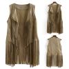 Womens Vintage Western Fringe Vest Tops Classic Suede Leather 70s Cowboy Shirt Sleeveless Tassels Cardigan Jackets Beige view 3