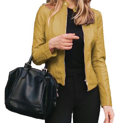 JEsilunmaMY Womens Leather Jacket Fashion Long Sleeve Zip Bomber Jackets Fall Winter Lightweight Motorcycle Blazer Coat (Yellow,Large)