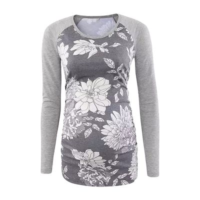 Long Sleeve Printed Maternity Top Maternity Shirt Mock Neck Bodysuit Supersoft Standard-Fit Shirttail Hem Shirt (Grey,Small)
