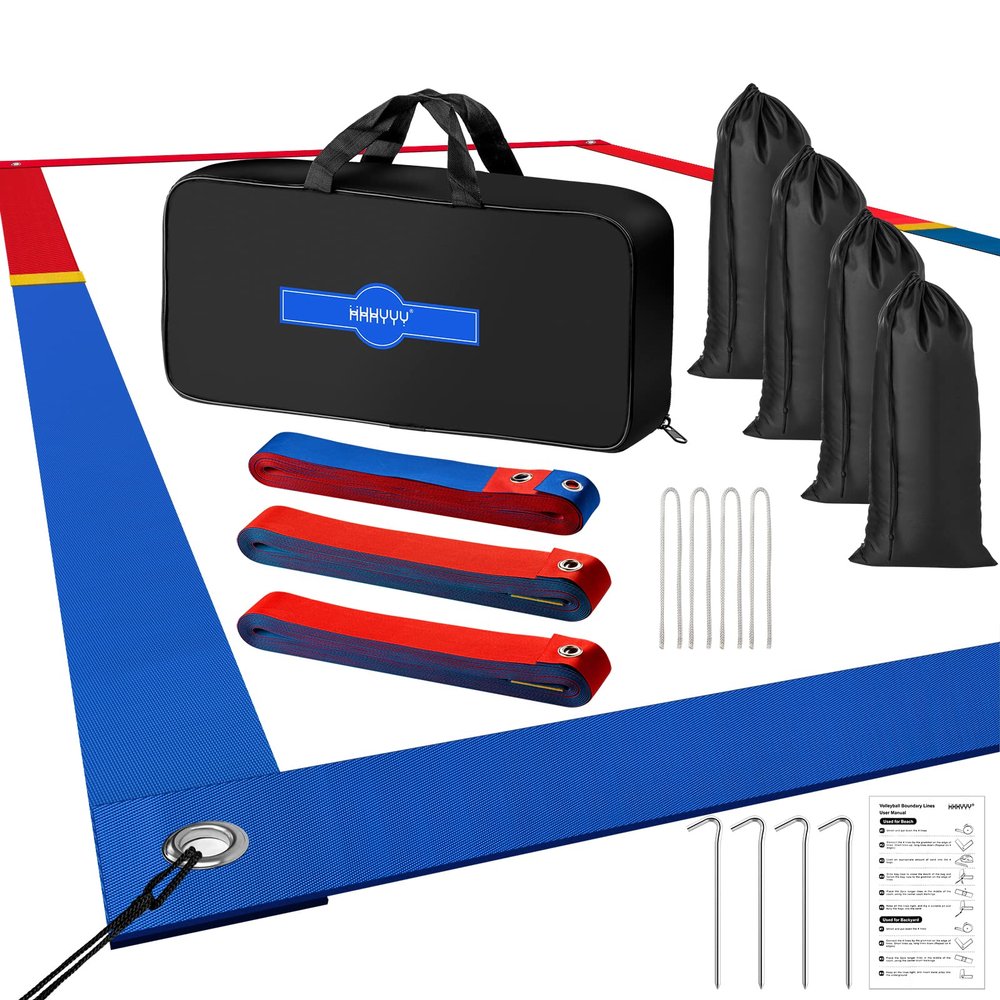 XXXYYY Professional Beach Volleyball Lines for Sand 2 inch, Better Visible, Upgraded Weather Resistance, Stainless Anchors & Sand Bags, Official Size 26.3' X 52.6' - Red and Blue