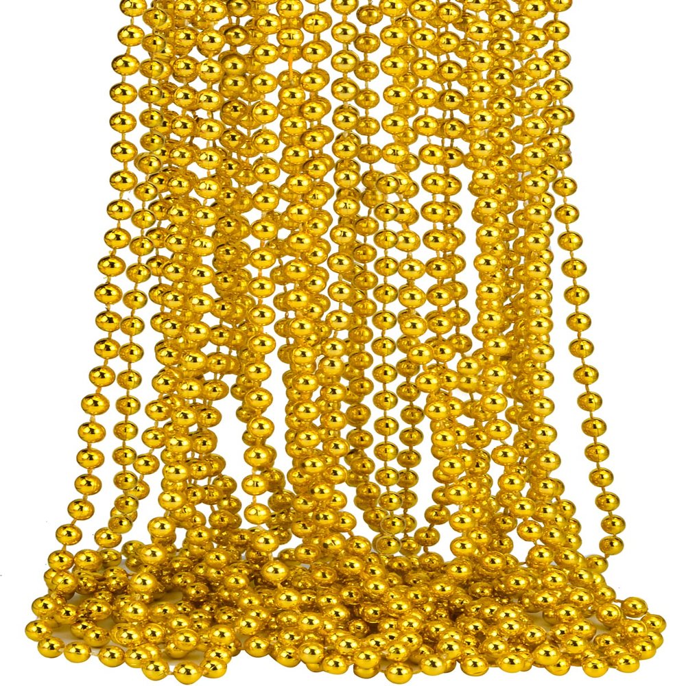 16 PCS 7mm Mardi Gras Bead Gold Faux Pearl Beads Necklaces Bulk Party Favor Plastic Play Pearl for 32" Carnival Necklaces Christmas Party St. Patrick's Day Costume Necklace