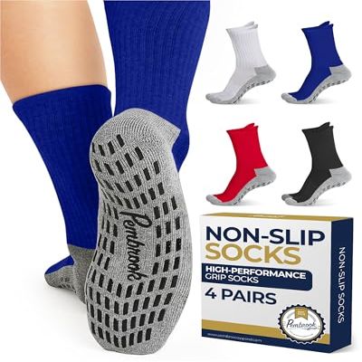 Pembrook Non Slip Crew Grip Socks Men & Women - 4 Pairs | Pilates Socks Men with Cushion for Elderly, Hospital, Yoga, Barre, Home Workout | Black, Red, White, Blue