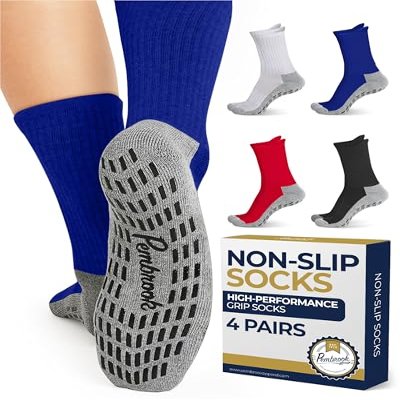 Pembrook Non Slip Crew Grip Socks Men & Women - 4 Pairs | Pilates Socks Men with Cushion for Elderly, Hospital, Yoga, Barre, Home Workout | Black, Red, White, Blue