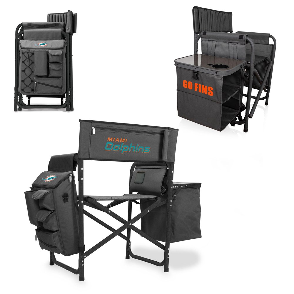 Picnic TIME NFL Miami Dolphins Fusion Camping Chair with Side Table and Soft Cooler, Beach Chair for Adults, Lawn Chair, (Dark Gray with Black Accents)