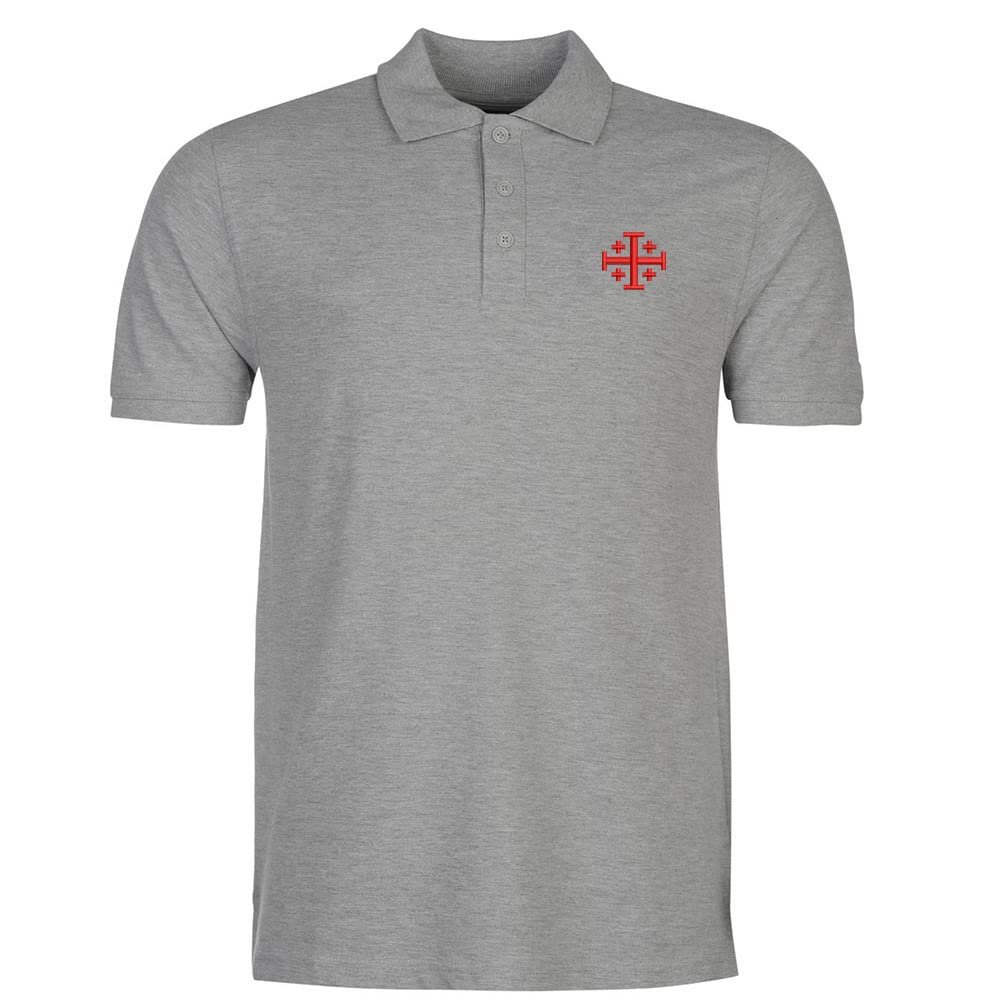 Polo Shirts for Men Jerusalem Cross Embroidered Short Sleeve Mens Polo Shirts (Grey,Medium,Medium)