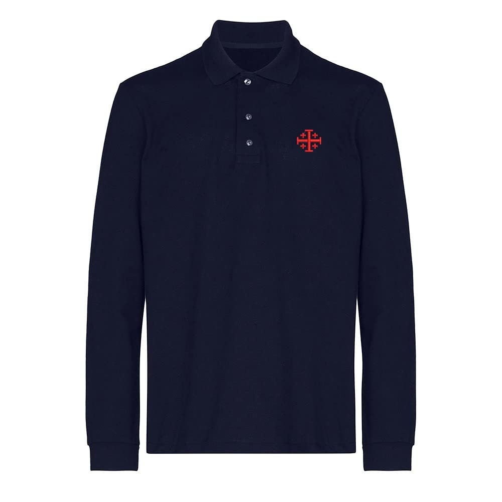 Polo Shirts for Men Jerusalem Cross Embroidered Long Sleeve Mens Polo Shirts (Navy,XXL,XX-Large)