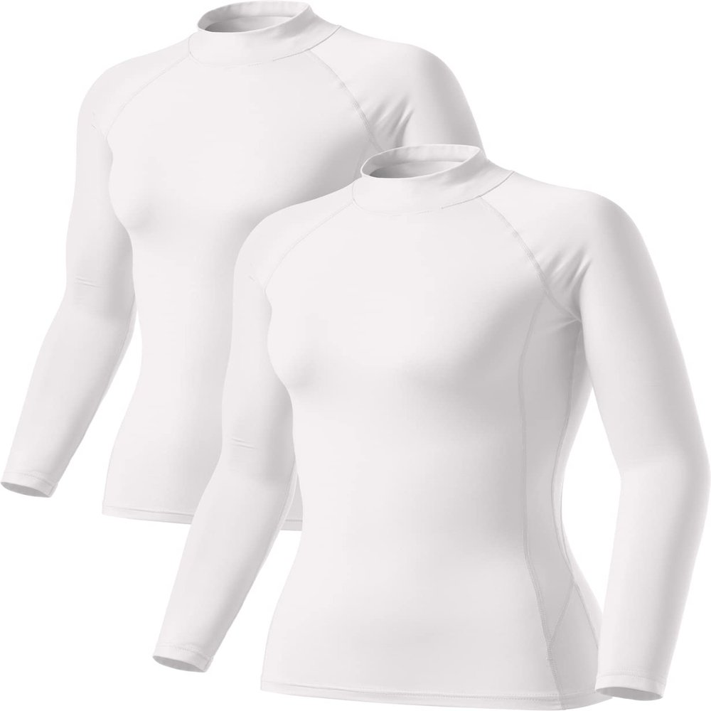 TSLA Women's Thermal Long Sleeve Tops, Mock Turtle & Crew Neck Shirts, Fleece Lined Compression Base Layer, Mock 2pack White/White, X-Small